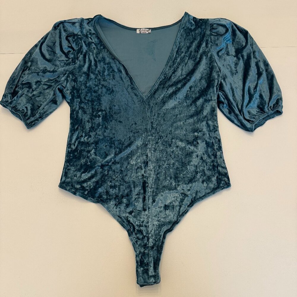 Free People Don't You Wish Thong Bodysuit Medium Deep Teal Crushed Velvet - Picture 2 of 5